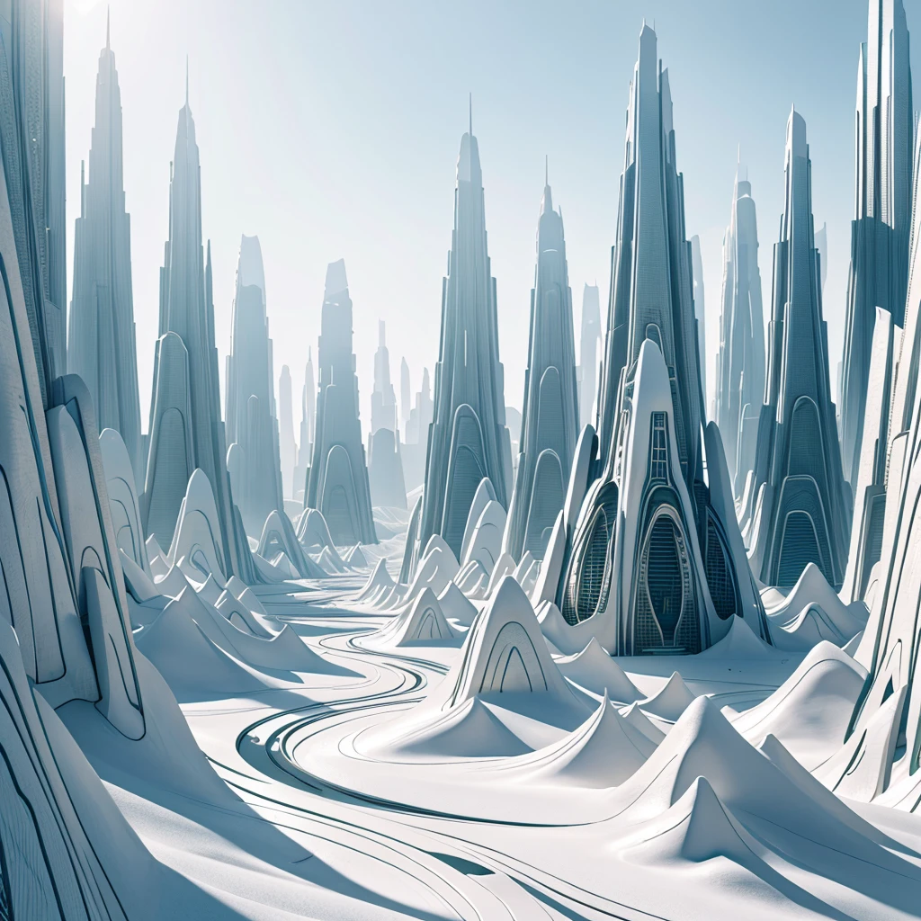 a lush alien landscape, pristine white metallic forerunner architecture, dramatic terrain, exotic flora, futuristic and otherworldly environment, intricate designs, glowing elements, sleek and towering structures, advanced technology, photo-realistic, 8k, highly detailed