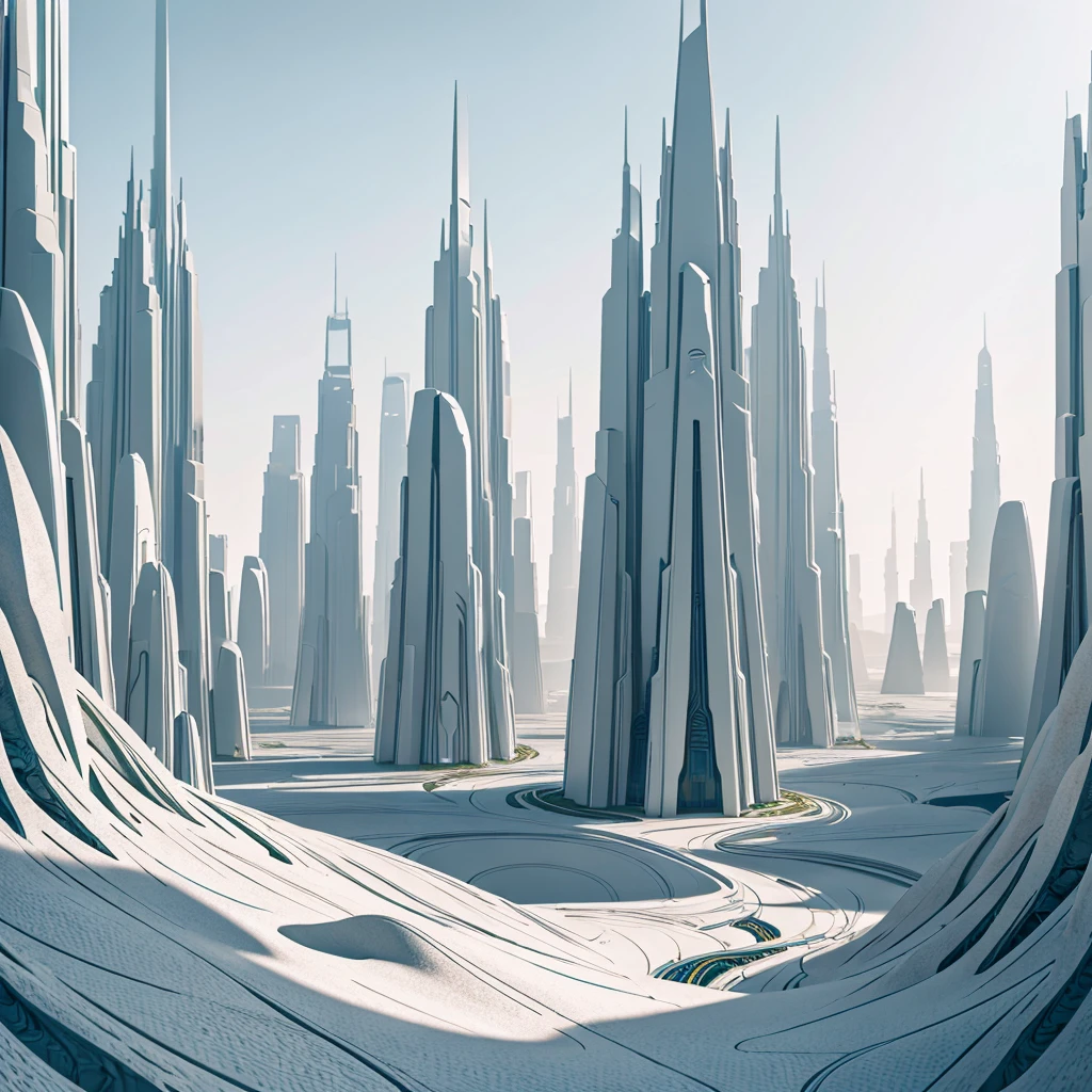 a lush alien landscape, pristine white metallic forerunner architecture, dramatic terrain, exotic flora, futuristic and otherworldly environment, intricate designs, glowing elements, sleek and towering structures, advanced technology, photo-realistic, 8k, highly detailed