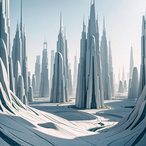 a lush alien landscape, pristine white metallic forerunner architecture, dramatic terrain, exotic flora, futuristic and otherwor...