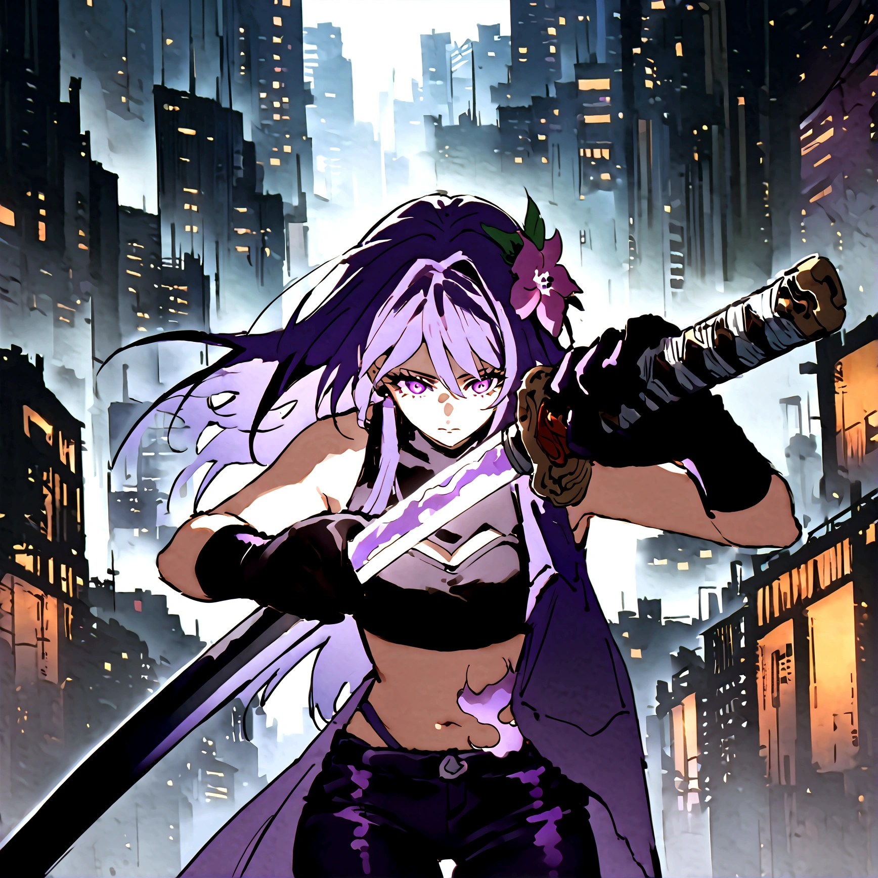 Anime girl with very long dark purple hair and a flower hair accessory wearing black short jeans with latex socks and a sport shoes wearing a cut shirt with no sleeves and half cut from below showing her belly with a black vest with short latex gloves purple glowing eyes holding a very long katana and in her other hand a very tall scabbard as she's surrendered with purple aura while giving a calm look on her face background city at night in Jujutsu Kaisen style while approaching a weird creature 