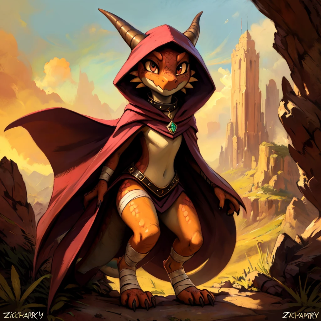 (((by Zackary911, by Kenket, by Kilinah))), solo female, bright gold skin, gold scales, (((Kobold)), (detailed kobold)) wearing a cloak with a hood, gem on the collar, bandaged thighs and bandaged chest, squirrel ears, kobold tail, front view, looking at the observer with a smug smile, perspective, finely detailed paws,