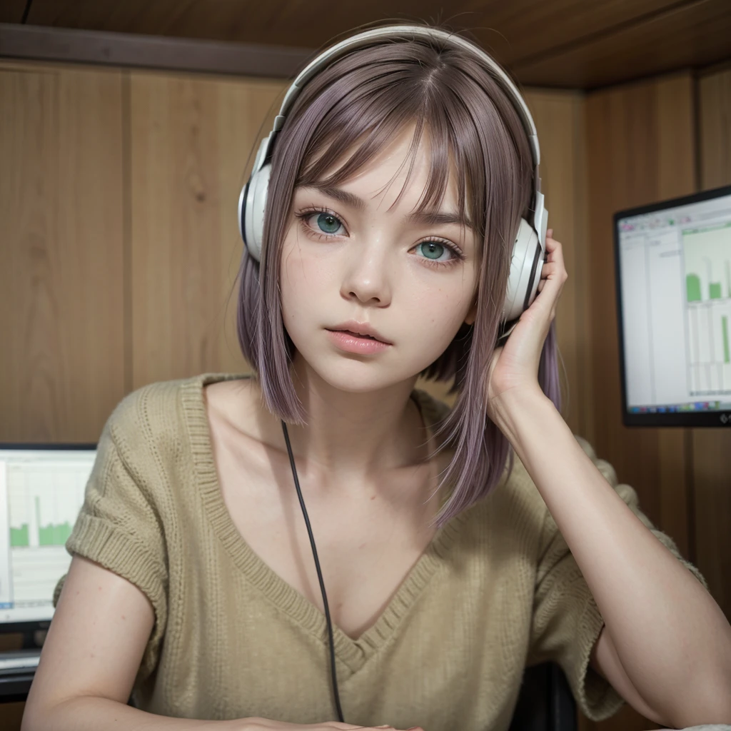  a girl with short hair, fringe,brown hair and lilac locks, White skin, green eyes, sitting in a voice recording studio with headphones