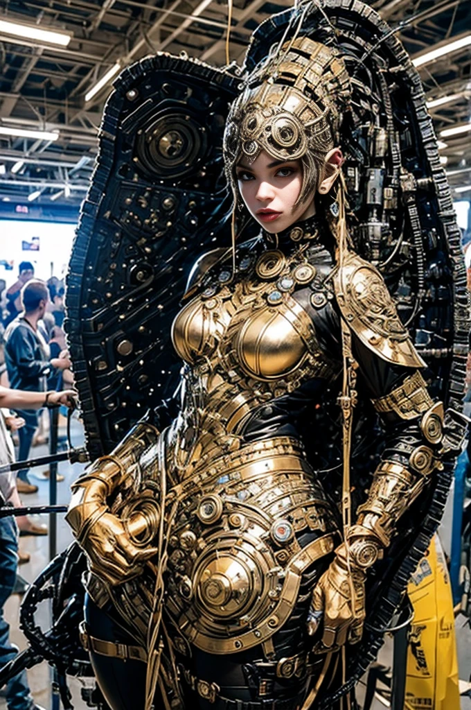 A full-length figure of a cool girl wearing a detailed steampunk armored suit. Exposed wiring, lots of cords and tubes connecting to the system. 