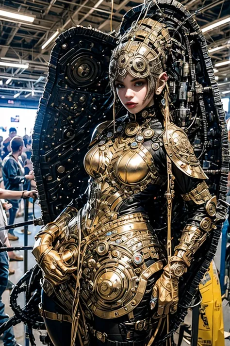 A full-length figure of a cool girl wearing a detailed steampunk armored suit. Exposed wiring, lots of cords and tubes connectin...