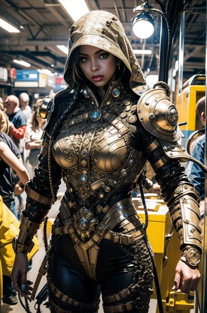 une fille cool portant une armure steampunk détaillée. Câblage exposé, beaucoup de cordons et de tubes se connectant au système. 