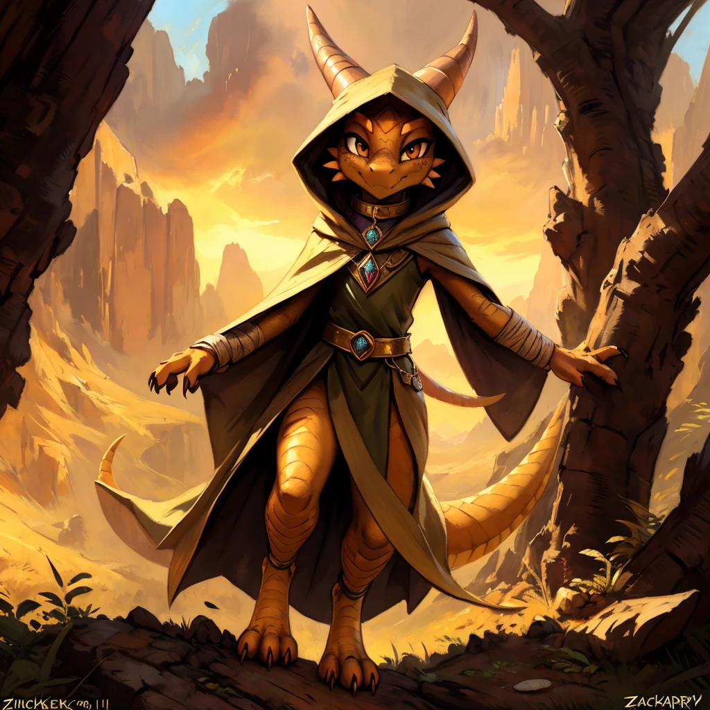 (((by Zackary911, by Kenket, by Kilinah))), solo female, bright gold skin, gold scales, (((gold Kobold)), (detailed gold kobold)) wearing a cloak with a hood, gem on the collar, bandaged thighs and bandaged chest, squirrel ears, gold kobold tail, front view, looking at the observer with a smug smile, perspective, finely detailed paws,