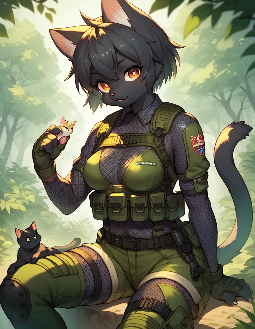 score_9, score_8_up) score_7_up, score_6_up, solo, cat, kemono, anthro, cute, short hair, orange eyes, white pupils, sexy, black fur, shorts, tactical harness, thigh high boots, assassin girl, mesh body suit, tactical gloves, medium breasts, forest background,