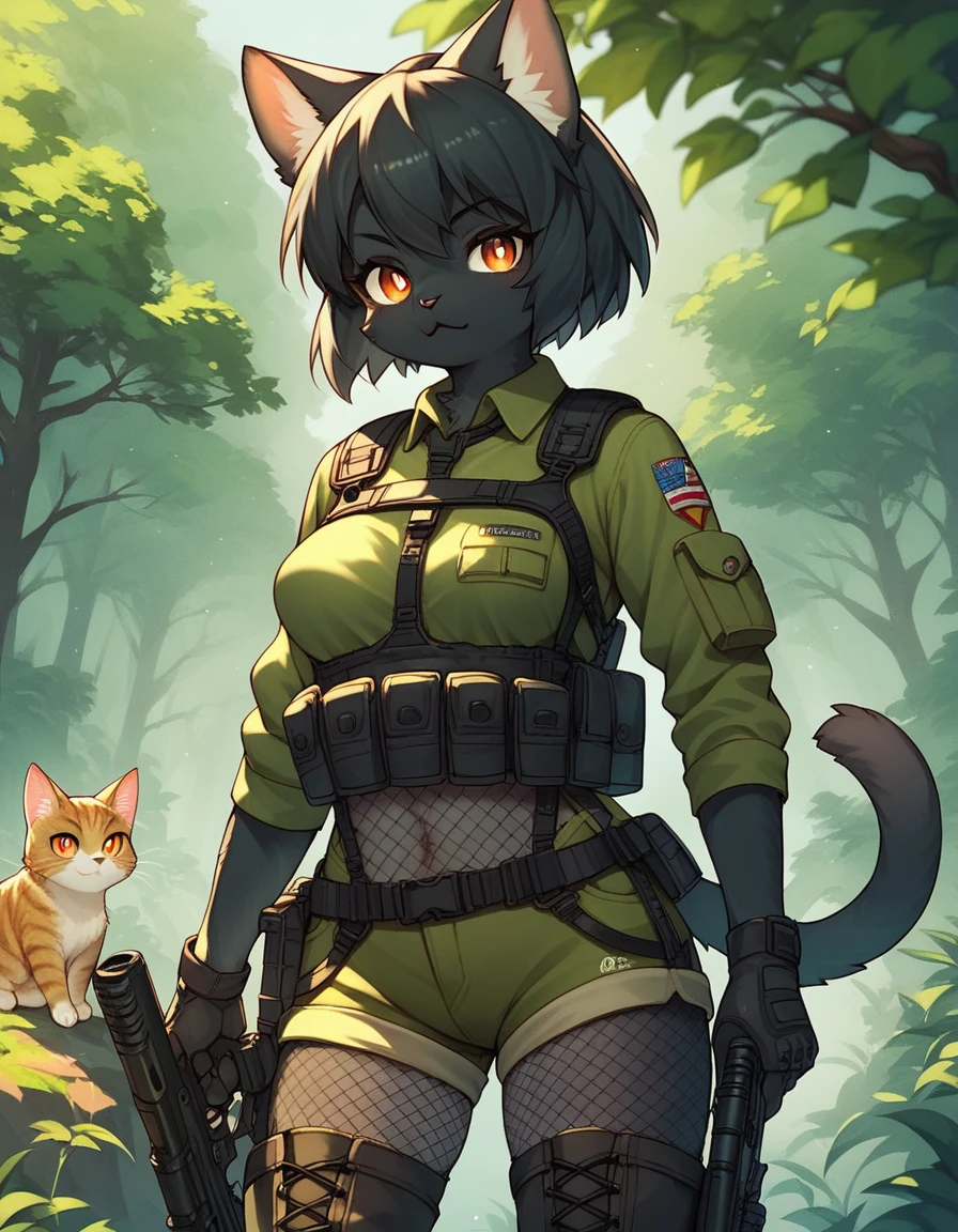 score_9, score_8_up) score_7_up, score_6_up, solo, cat, kemono, anthro, cute, short hair, orange eyes, white pupils, sexy, black fur, shorts, tactical harness, thigh high boots, assassin girl, mesh body suit, tactical gloves, medium breasts, forest background,