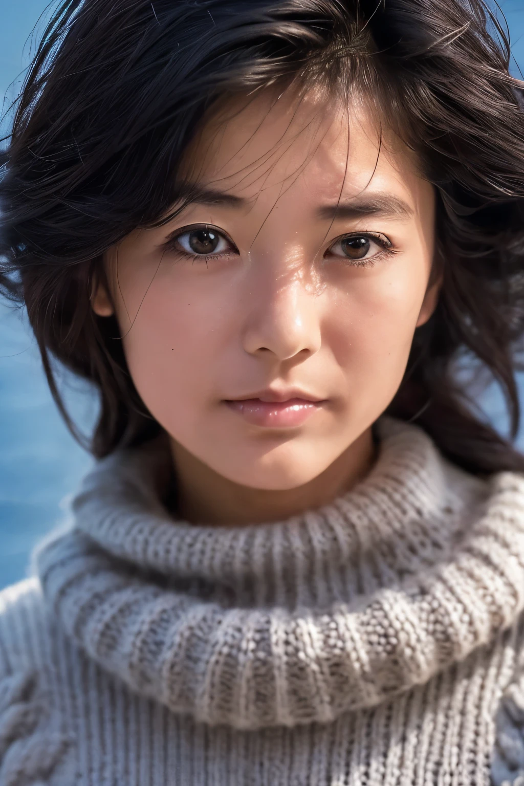 (knitwear), (top-quality, masterpiece:1.3, Super high resolution), (Photorealsitic:1.4, RAW shooting), Ultra-realistic capture, A highly detailed, high-definition 16K for human skin, Wistful, A skinny Japanese woman, 30 years old, cute face, ((Sadness face)), detailed face, detailed eyes, ((correct anatomy)), A dark-haired, Middle hair, ((Background of the sea in a starry night)), (((looking up afar at starry sky))), hair blowing in the wind