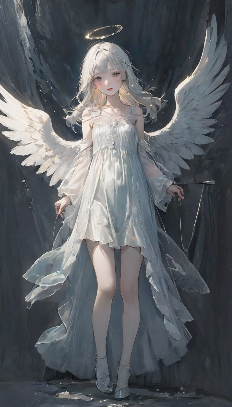 (masterpiece), (High resolution), (Very delicate), (masterpiece: 1.2, Highest quality),Perfect Anatomy、silver, Angel descending to earth、Paradise、The Girl Who Leads to Heaven、Cute face、Expressionless、 scribble, Doll-like face, Manga Style, rough sketch, Manga Styleイラスト, Japanese painting, whole body,(snap shot), Flat Illustration, Creepy Appearance, Unique atmosphere、