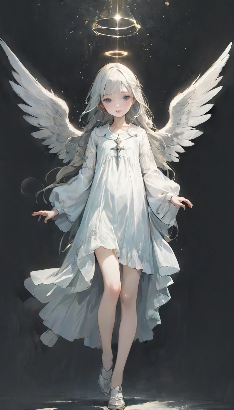 (masterpiece), (High resolution), (Very delicate), (masterpiece: 1.2, Highest quality),Perfect Anatomy、silver, Angel descending to earth、Paradise、The Girl Who Leads to Heaven、Cute face、Expressionless、 scribble, Doll-like face, Manga Style, rough sketch, Manga Styleイラスト, Japanese painting, whole body,(snap shot), Flat Illustration, Creepy Appearance, Unique atmosphere、