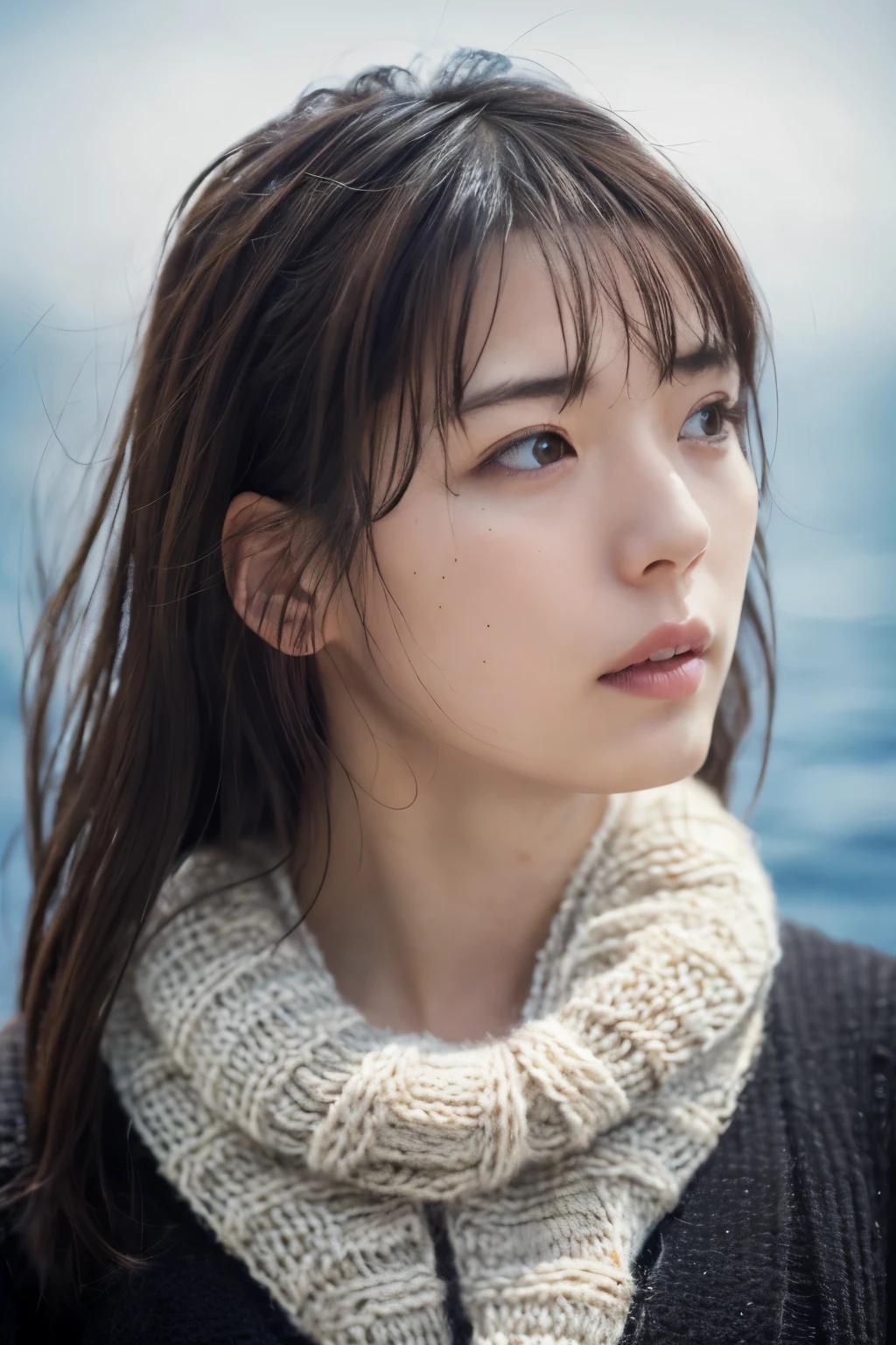 (knitwear), (top-quality, masterpiece:1.3, Super high resolution), (Photorealsitic:1.4, RAW shooting), Ultra-realistic capture, A highly detailed, high-definition 16K for human skin, Wistful, A skinny Japanese woman, 30 years old, cute face, ((Sadness face)), detailed face, detailed eyes, ((correct anatomy)), A dark-haired, Middle hair, ((Background of the sea in a starry night)), (((looking up afar at starry sky))), hair blowing in the wind