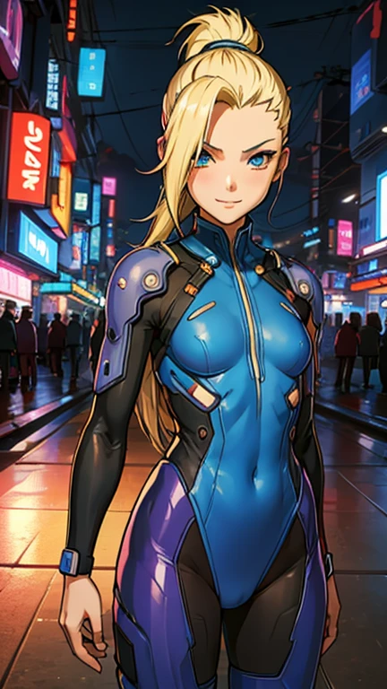 (8k),(masterpiece),(Japanese),(8-year-old girl),((innocent look)),((Childish)),From the front,smile,cute,Innocent,Kind eyes,Flat chest,Hairless vagina, Cameltoe, Ino Yamanaka wearing Cyberpunk Bodysuit,Long,Hair blowing in the wind,Pale blonde Hair,Strong wind,night,dark, Neon light cyberpunk Konoha Village 