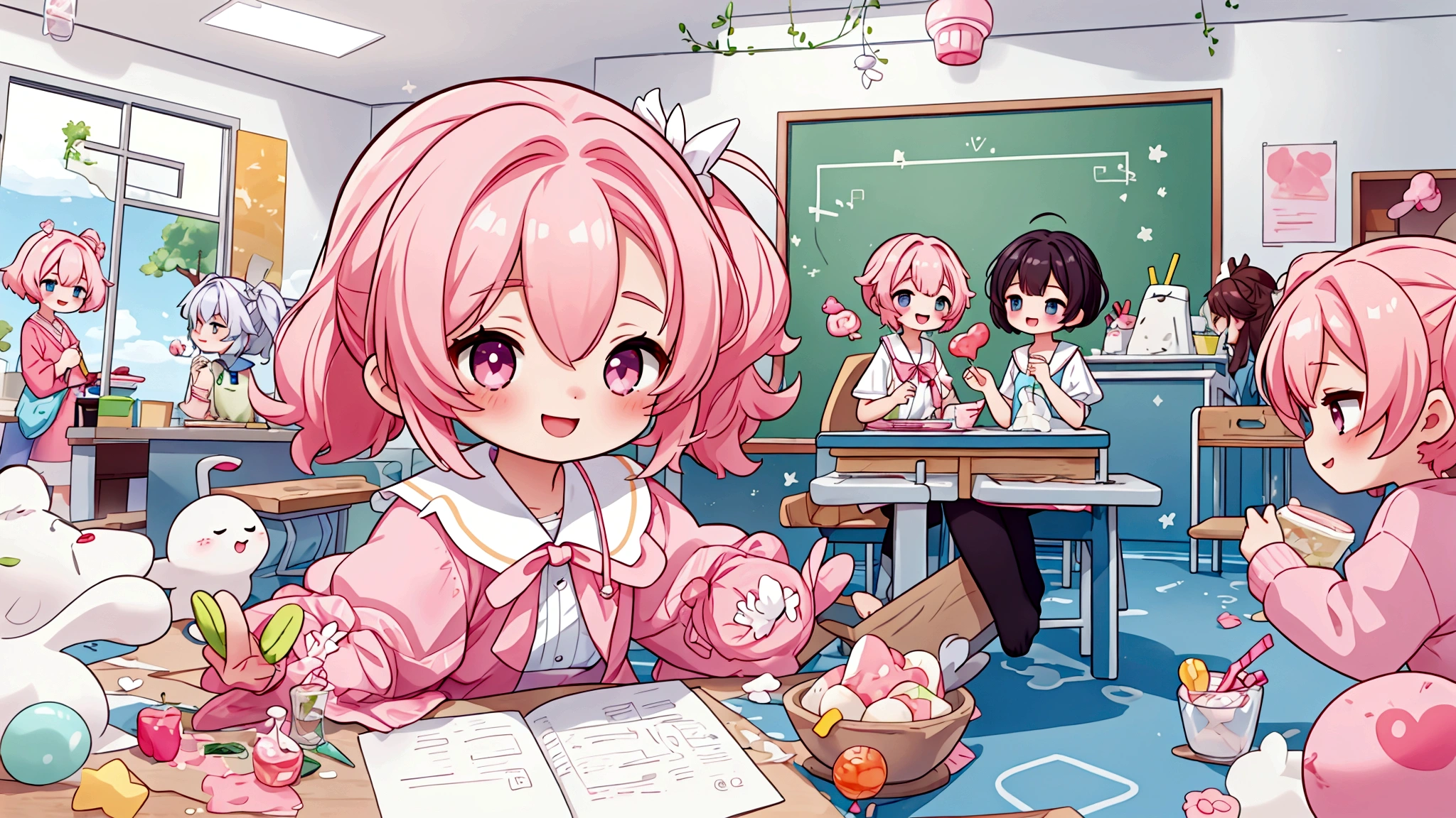 background: Soft pastel colours as the base、The background is plain with characters.: Pink haired girl in a white dress、They seem to be having fun in the classroom and at the cafe.。Smiling with sweets in hand。

atmosphere: It&#39;s like a snapshot of youth pursuing love and dreams.、A glittering, sparkling image。