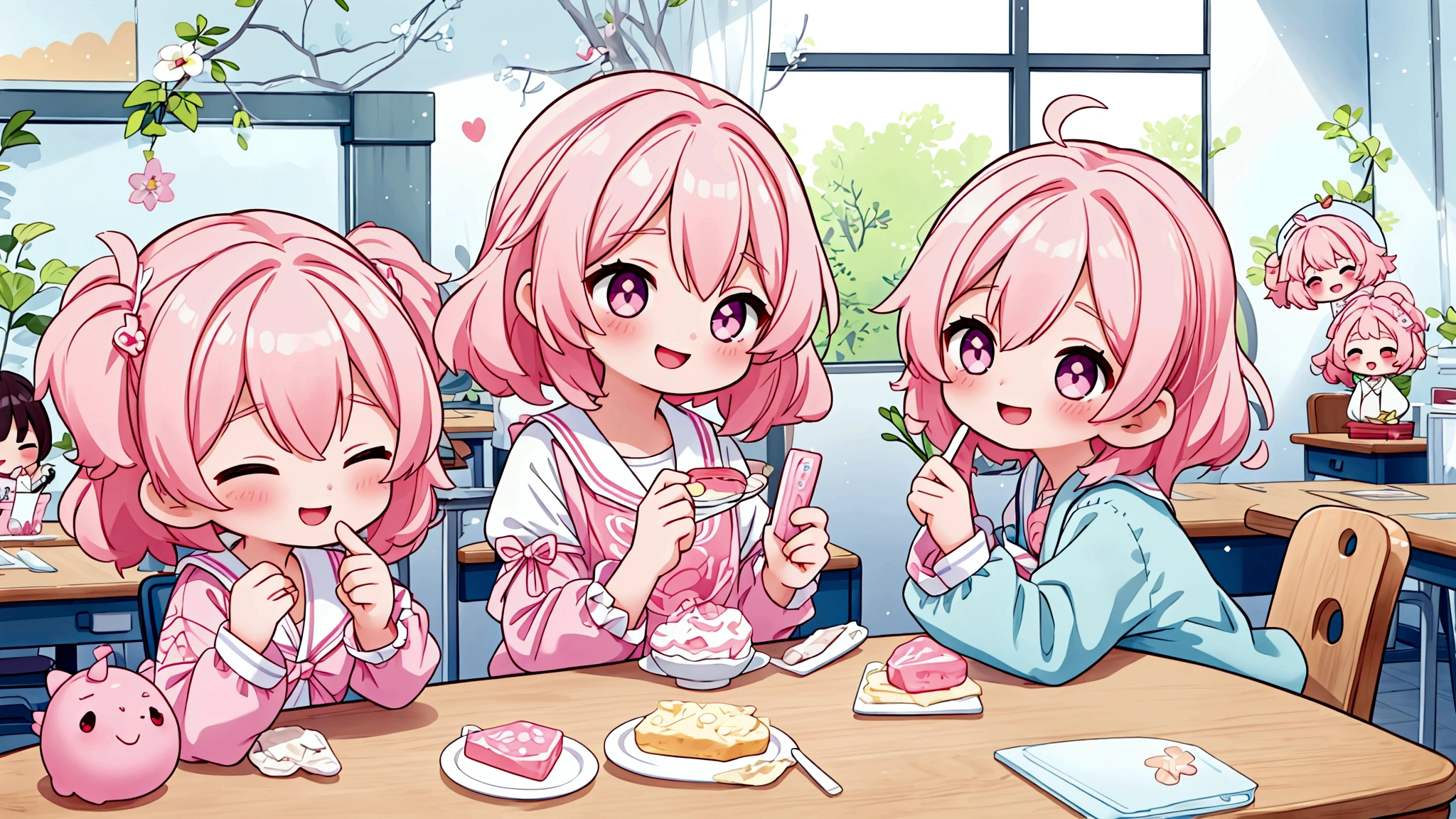 background: Soft pastel colours as the base、backgroundは無地で

キャラクター: Pink haired girl in a white dress、They seem to be having fun in the classroom and at the cafe.。Smiling with sweets in hand。

atmosphere: It&#39;s like a snapshot of youth pursuing love and dreams.、A glittering, sparkling image。