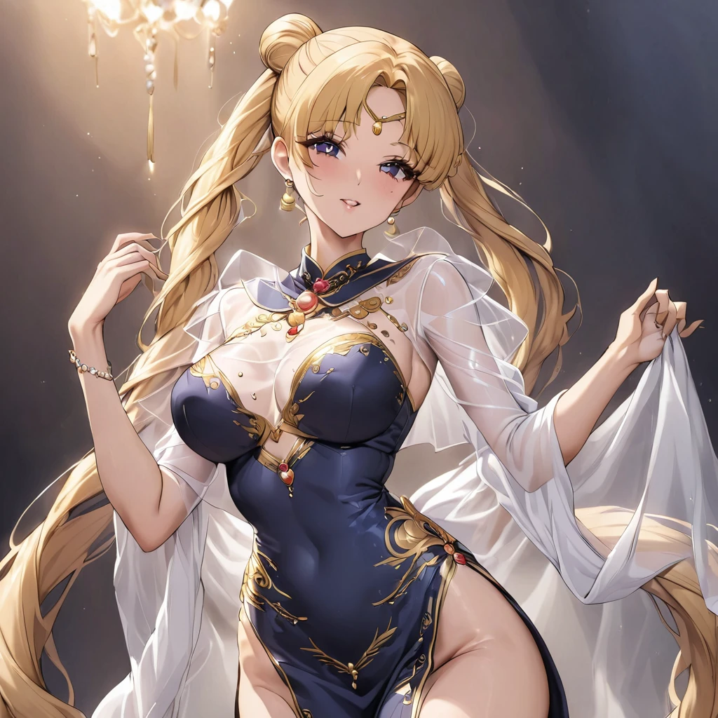 ((Highest quality)), ((masterpiece)), (detailed), （Perfect Face）、The woman is wearing a gorgeous, glittering, long-slit see-through Chinese dress with gold embroidery, a gold veil and a gold see-through cape, and luxurious jeweled accessories.、The woman is the elegant Tsukino Usagi, with long blonde hair in a chignon twin tail.