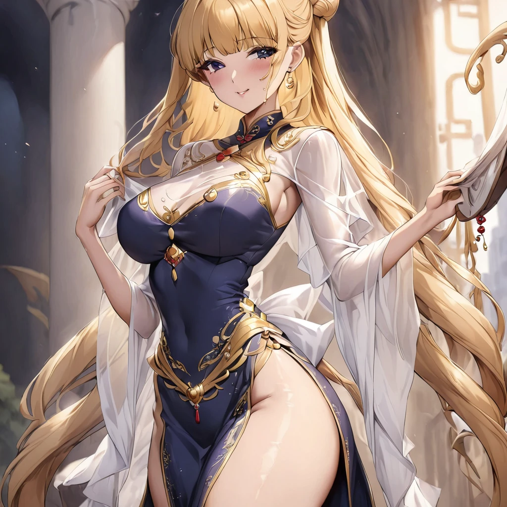 ((Highest quality)), ((masterpiece)), (detailed), （Perfect Face）、The woman is wearing a gorgeous, glittering, long-slit see-through Chinese dress with gold embroidery, a gold veil and a gold see-through cape, and luxurious jeweled accessories.、The woman is the elegant Tsukino Usagi, with long blonde hair in a chignon twin tail.