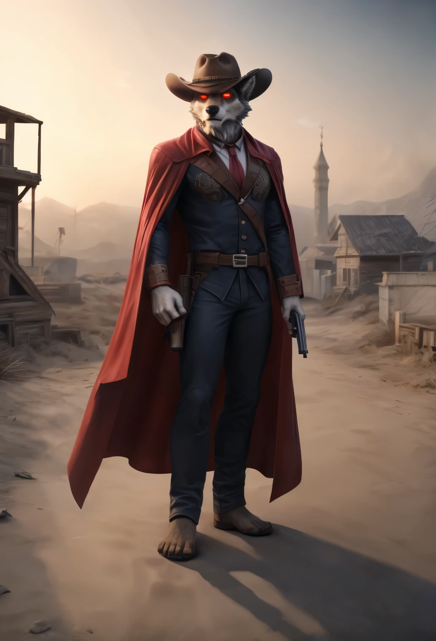 (((Barefoot furry character, full body, cinematic setting, furry male, plantigrade))) 

portrait, ((mysterious stranger black long fur wolf gunslinger)), ((holding smoking gun)), ((holding revolver)), abandoned town, alone ,strange, surreal, desolate, ghostly, eerie, , solitude, short red cloak,red glowing eyes, fantastical, dangerous,night sky,red sky,  cinematic lighting, volumetric lighting, Film grain, cinematic film still, shallow depth of field, highly detailed, (western atmosphere), black cowboy hat

BREAK, intricate details, highly detailed, extreme detail, octane render, fine art, best quality, highres, (detailed face:1.5), ((full_body)), UHD, (((perfect hands))), low light