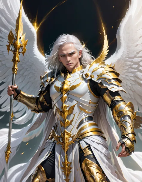 A god with golden armor. With furious wings. Fly in the sky. White hair. Men. A staff in his hand. 