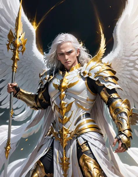 a god with golden armor. with furious wings. fly in the sky. white hair. men. a staff in his hand.