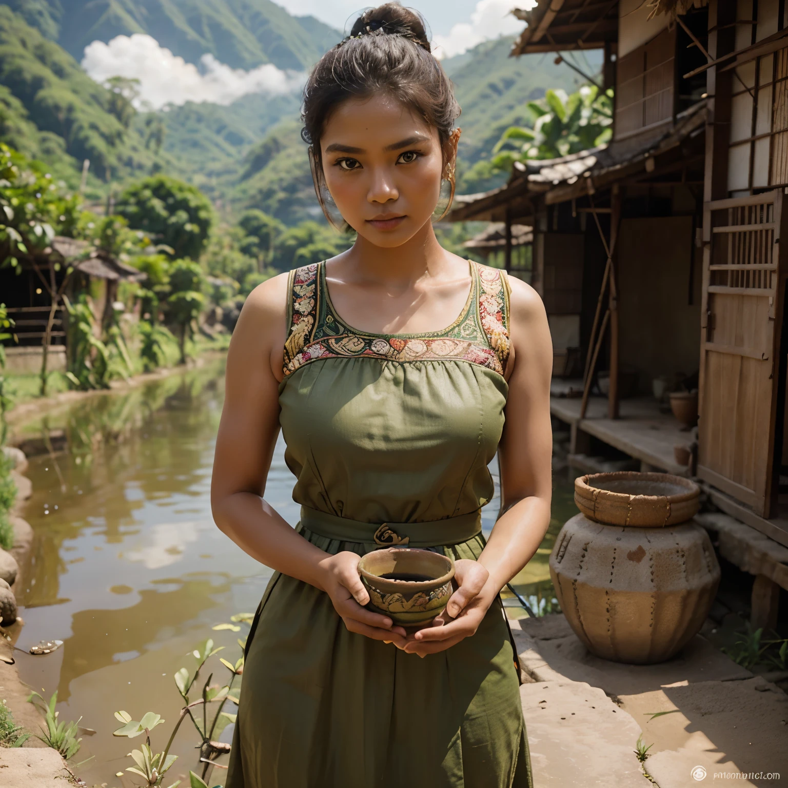 為一位 30 歲的印尼婦女拍攝一張照片, 身高 167 厘米, 50公斤體重, 美麗的, 橄欖色皮膚的, 穿著印尼傳統服裝, 戴着发髻, 帶陶器, 稻田和山脈背景, 實際的.  
