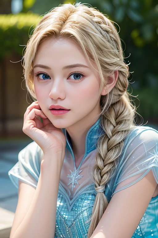 Top Quality, Masterpiece, Ultra High Resolution, (Photorealistic: 1.4), Raw Photo, 1 Girl, Blonde braided Hair, Glossy Skin, (((Ultra Realistic Details)), Portrait, Global Illumination, Shadows, Octane Rendering, 8K, Ultra Sharp, Intricate Ornaments Details, realistic skin, sweat effect,   very intricate detail, realistic light, CGSoation trend, brown eyes, glowing eyes, disney elsa frozen