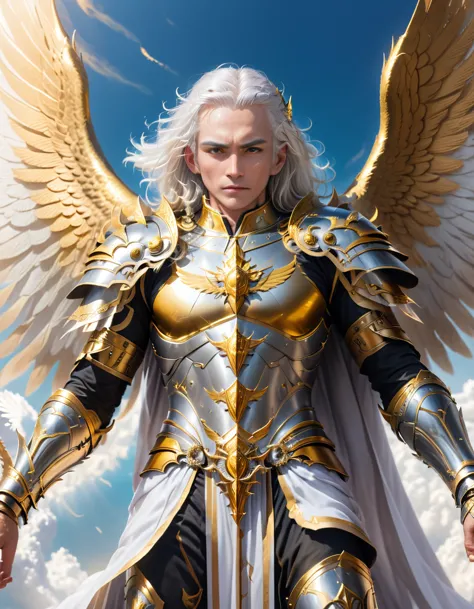 A god with golden armor. With furious wings. Fly in the sky. White hair. White beard. Men. A staff in his hand. 