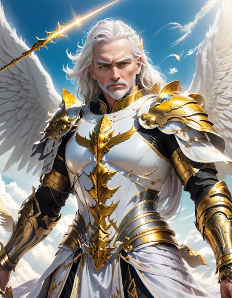 A god with golden armor. With furious wings. Fly in the sky. White hair. White beard. Men. A staff in his hand. 