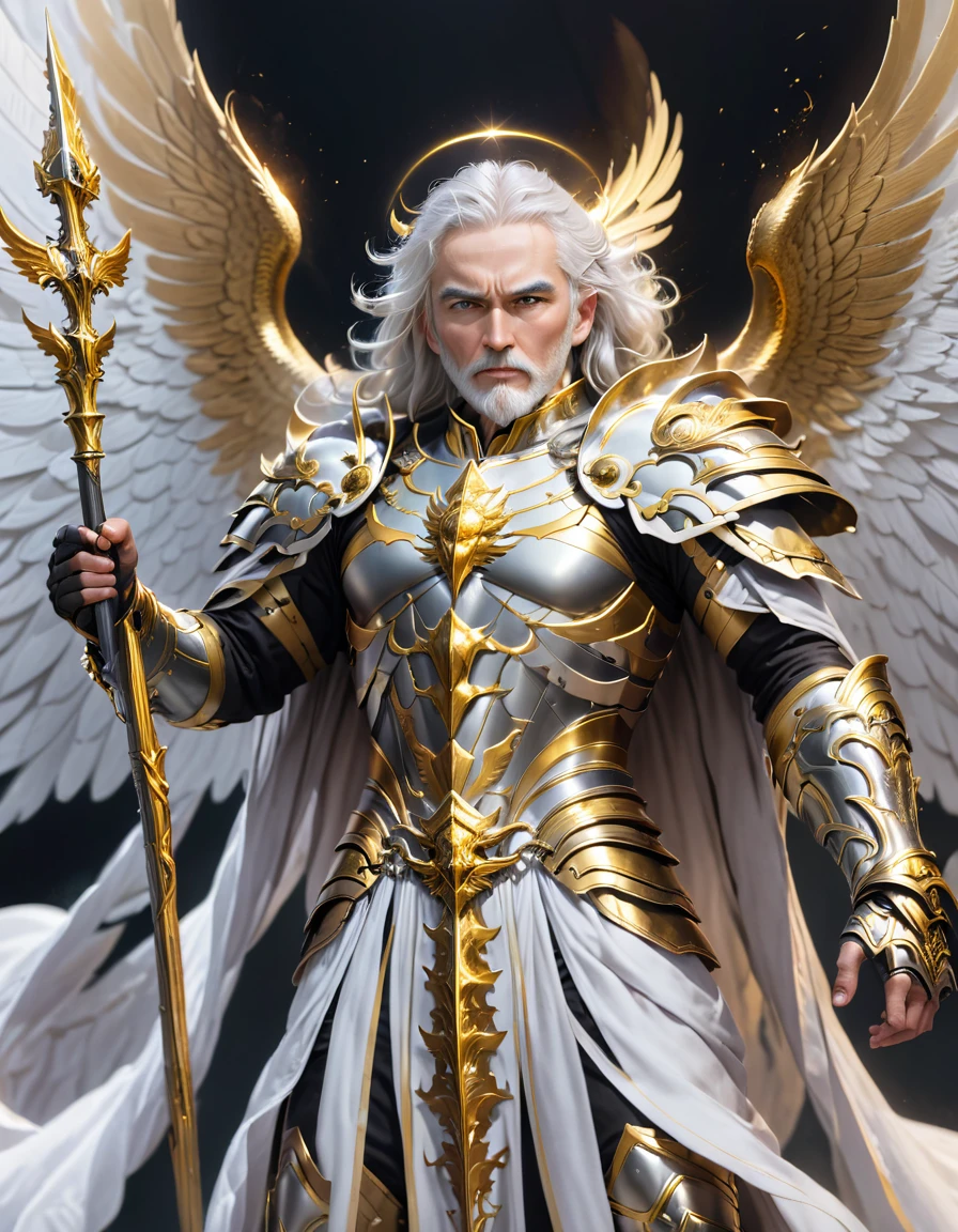 A god with golden armor. With furious wings. Fly in the sky. White hair. White beard. Men. A staff in his hand. 