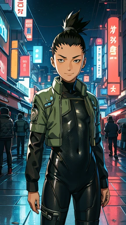 (8k),(chef-d&#39;œuvre),(Japonais),(garçon de 13 ans),((Regard innocent)),((puéril)),de face,sourire,mignon,innocent,des yeux gentils,poitrine plate, Nara Shikamaru portant un body cyberpunk,court,cheveux au vent, cheveux noirs en queue de cheval,Vent fort,nuit,sombre, Néon cyberpunk Station spatiale Konoha 