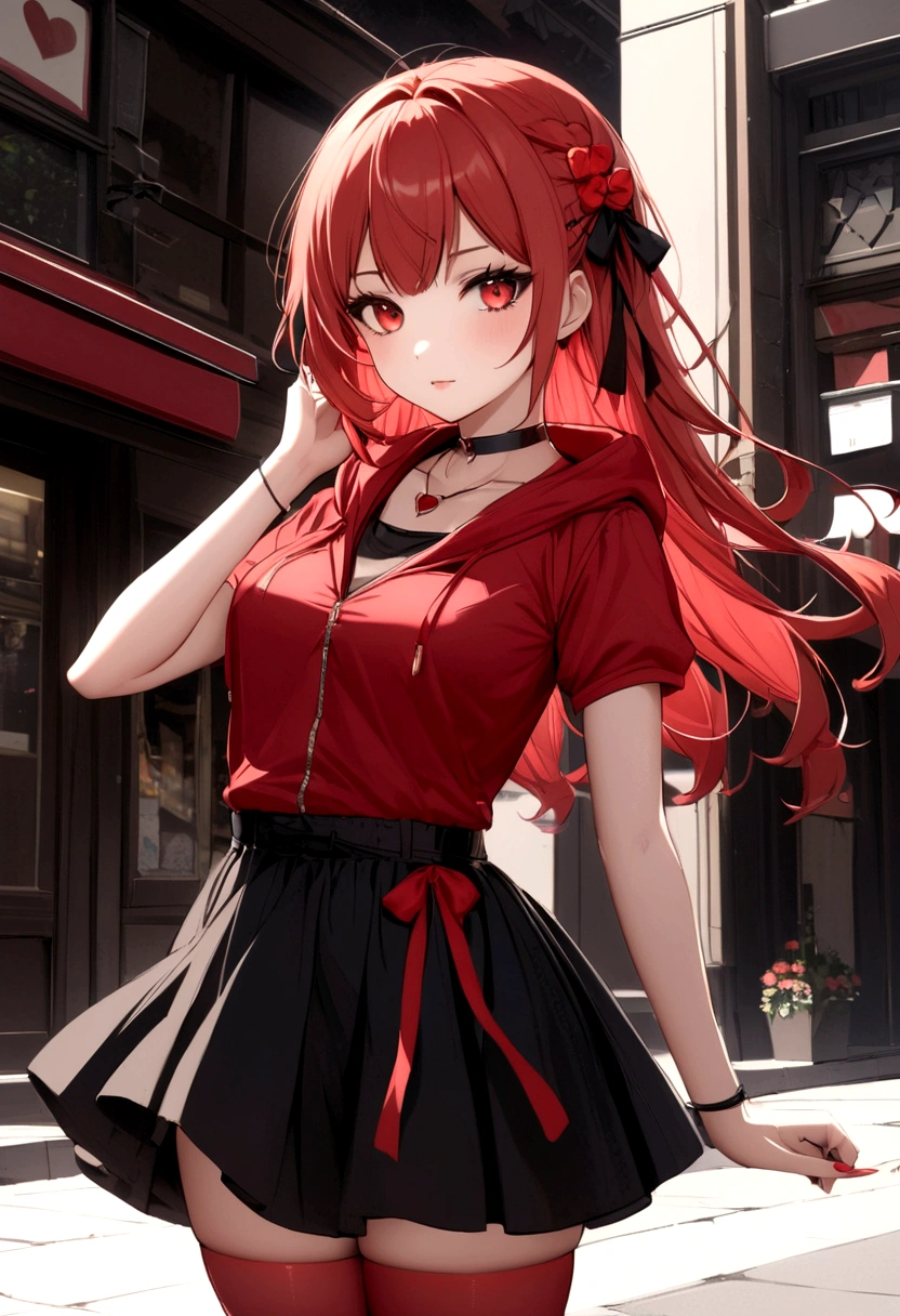 a girl with a red skirt and a black skirt that is under the red shirt . red stockings . red zip up hoodie, black shirt underneath with short sleeves and ,red hair, long hair and a flower with a ribbon on the bottom on the side on the hair and red eyes has a black Choker , and a small heart red necklace ,  has a ribbon bow waistband , full body 