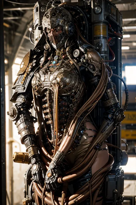 a full-length figure of a cool girl wearing a detailed steampunk armored suit. exposed wiring, lots of cords and tubes connectin...