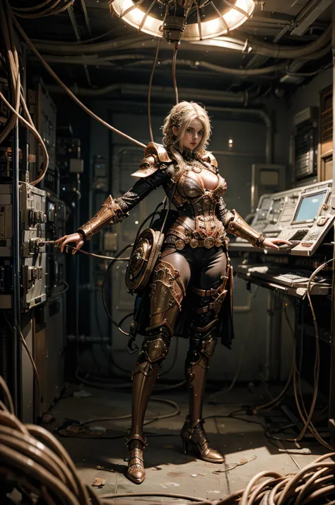 a full-length figure of a cool girl wearing a detailed steampunk armored suit. exposed wiring, lots of cords and tubes connectin...