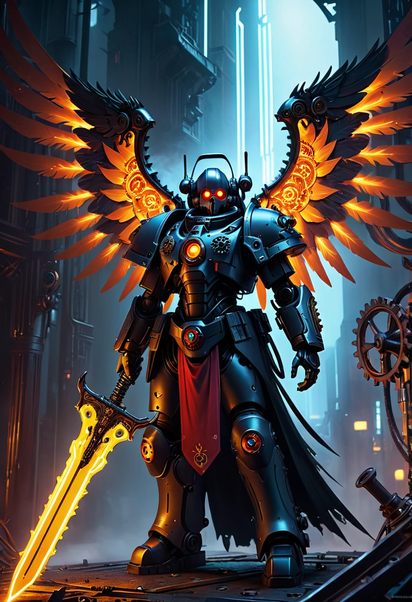 anjo da Morte, inspirado no cyberpunk Warhammer 40k, segurando uma espada radiante, enormes asas feitas de engrenagens e metal líquido, expressão emanando horror, olhos em chamas, aura enigmática engolindo a cena, figura anatomicamente precisa, fundo complexo nitidamente em foco, pintura digital hiperrealista destacando tons quentes contrastantes, envolvido em uma atmosfera caprichosamente sonhadora com luzes de néon equilibradas, brilho octano. Alta resolução, alta qualidade , obra de arte