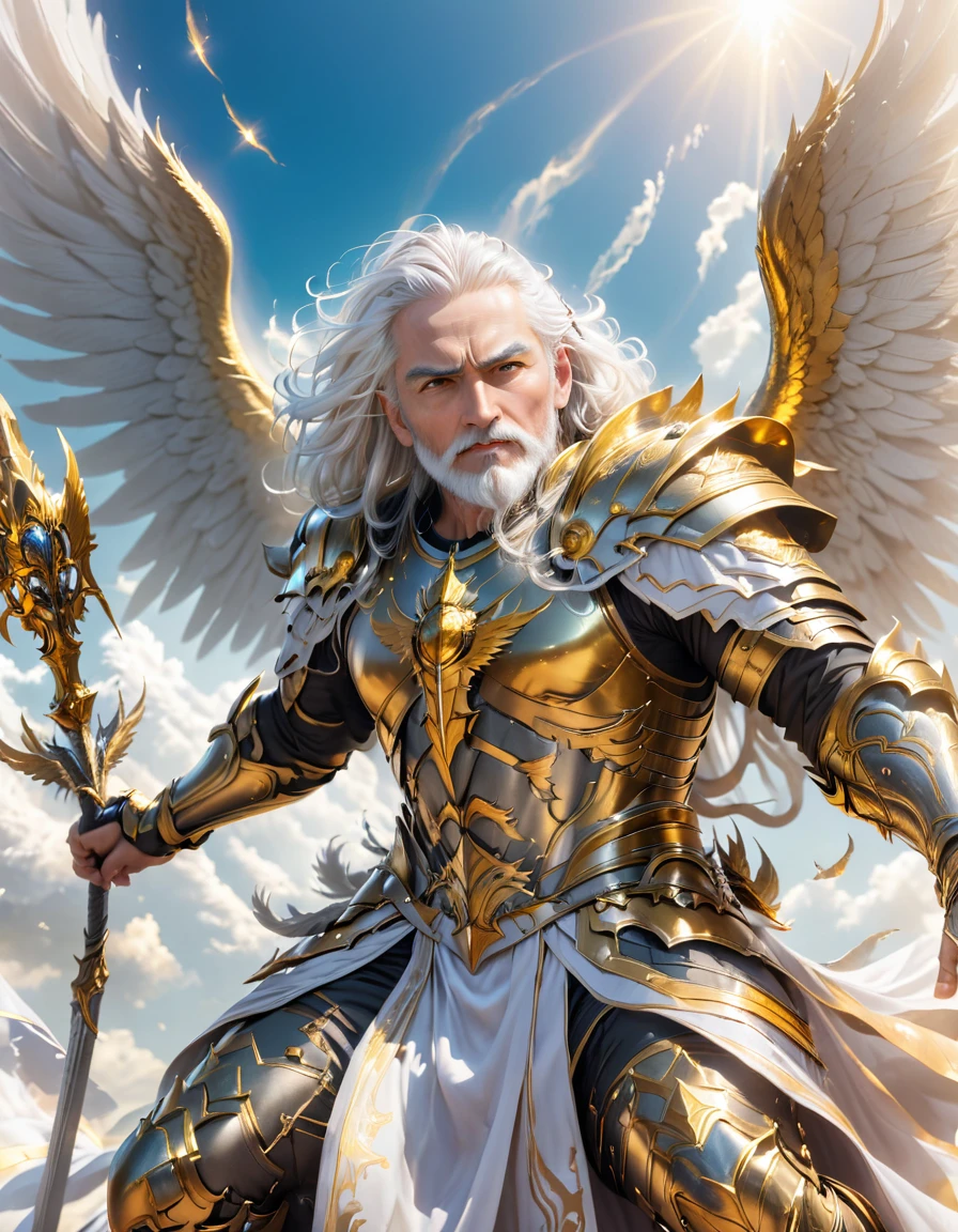 A god with golden armor. With furious wings. Fly in the sky. White hair. White beard. Men. A staff in his hand. Sit. Full body. 