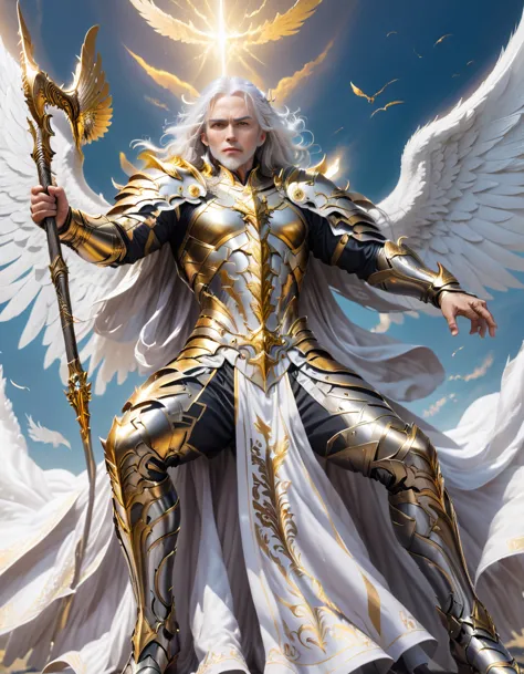 A god with golden armor. With furious wings. Fly in the sky. White hair. White beard. Men. A staff in his hand. Sit. Full body. 