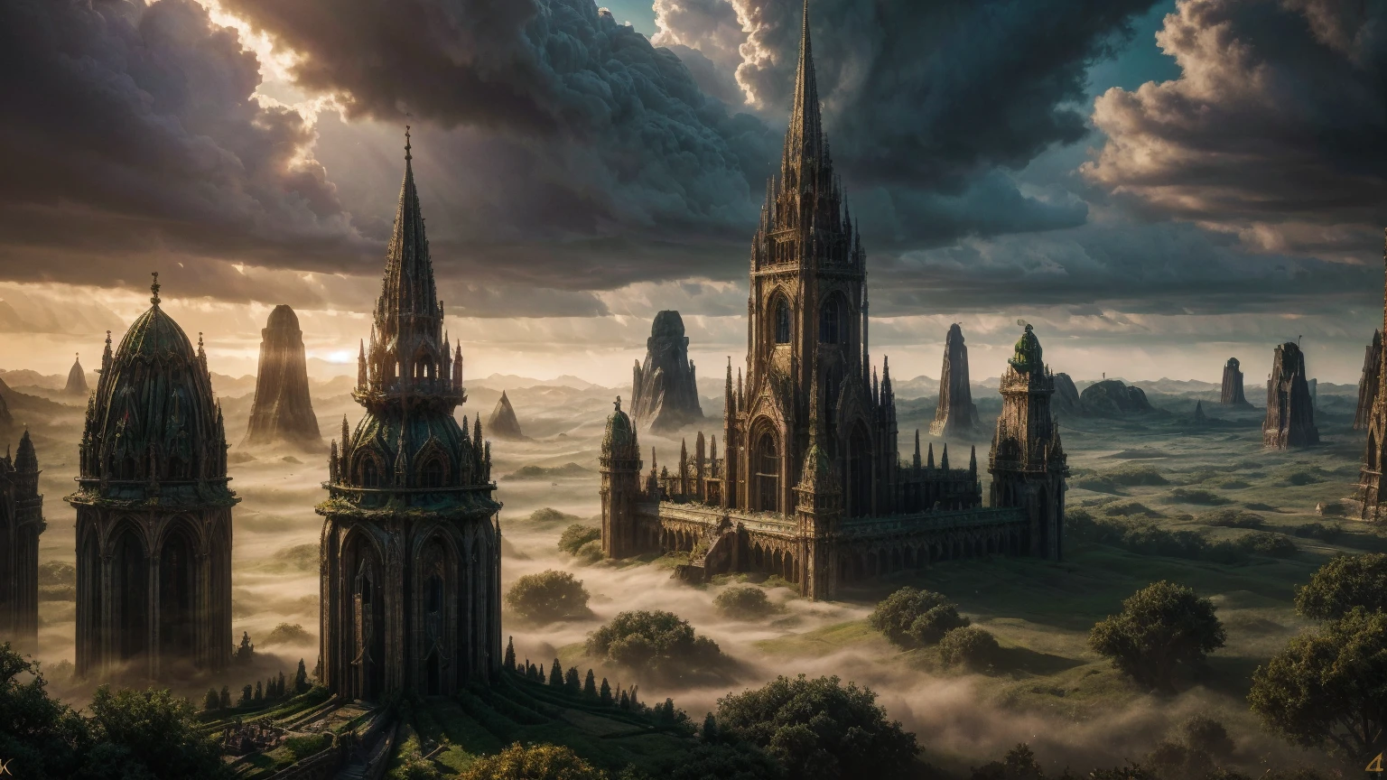 A detailed fantasy city, lush green foliage, towering spires, glowing magical portals, enchanted architecture, intricate stone carvings, floating islands, celestial skies, ethereal lighting, whimsical elements, detailed fantasy characters, fantastical creatures, vibrant colors, cinematic composition, (best quality,4k,8k,highres,masterpiece:1.2),ultra-detailed,(realistic,photorealistic,photo-realistic:1.37),dramatic lighting,volumetric fog,moody atmosphere,fantasy art,concept art,digital painting