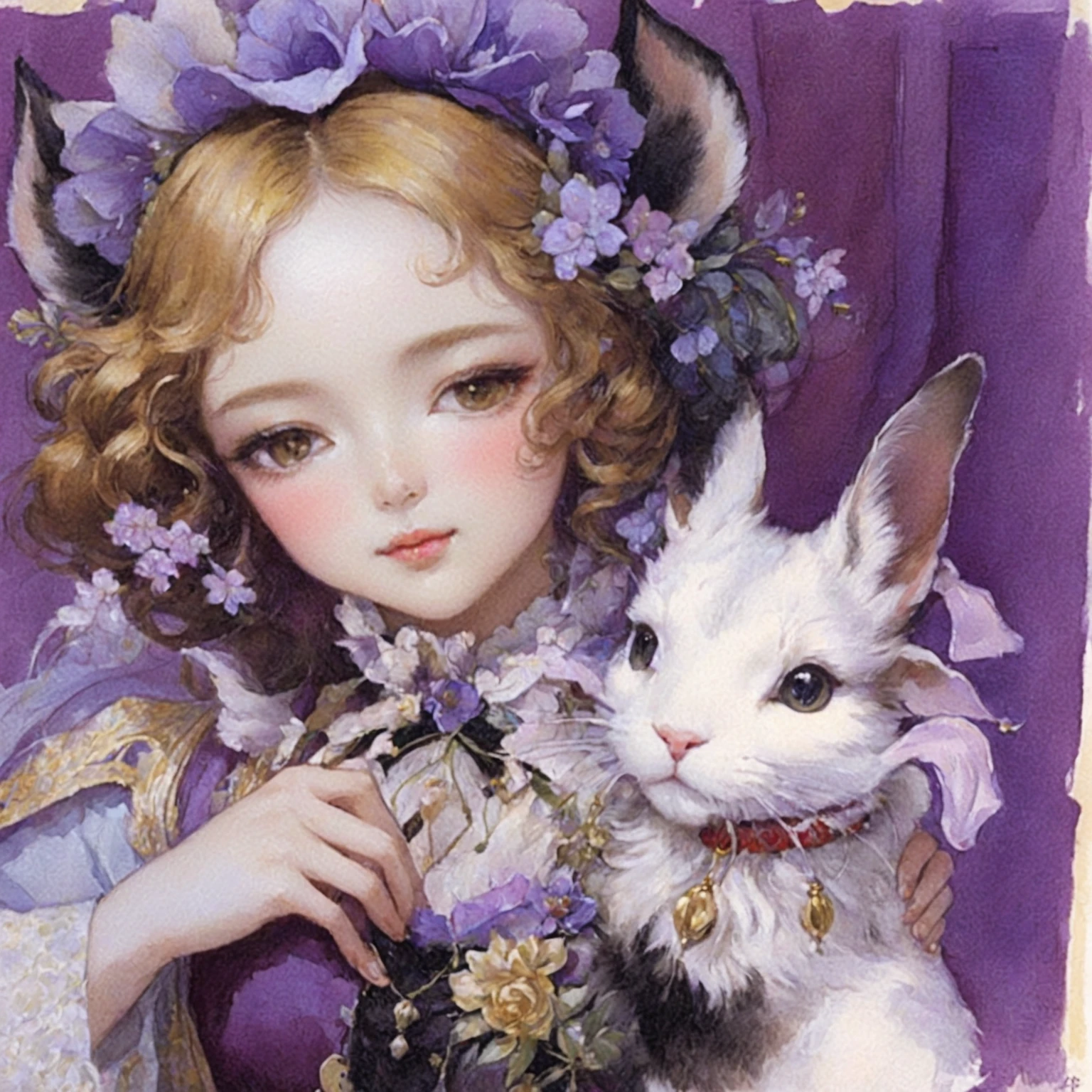 painting of a girl with a cat and flowers in her hair, jinyoung shin art, wlop and sakimichan, by Ni Duan, by Yang J, by Chen Lin, by Yamagata Hiro, bunny girl, by Ni Tian, by Ye Xin, guweiz, by Kinuko Y. Craft