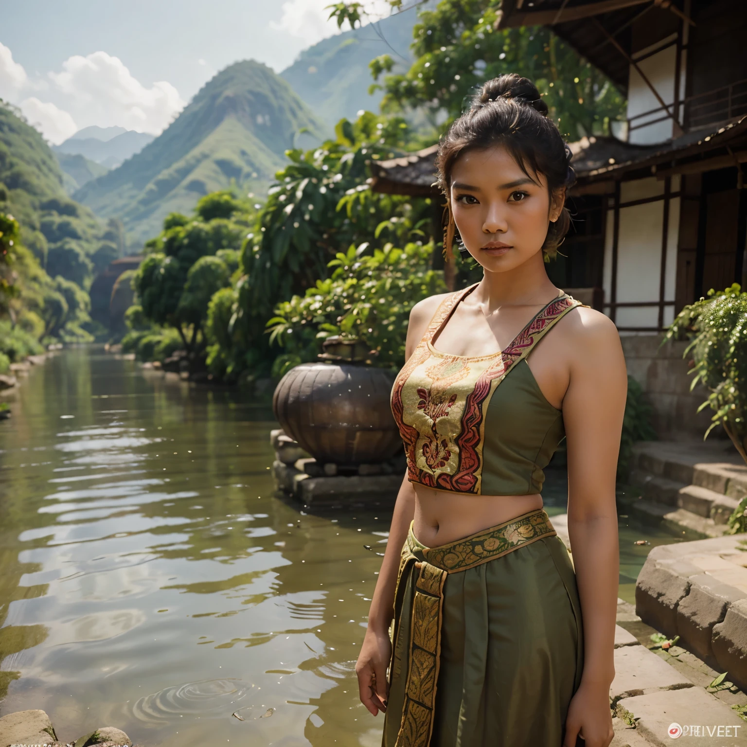 為一位 30 歲的印尼婦女拍攝一張照片, 身高 167 厘米, 50公斤體重, 美麗的, 橄欖色皮膚的, 穿著印尼傳統服裝, 戴着发髻, 帶陶器, 河流和山脉背景, 實際的.  