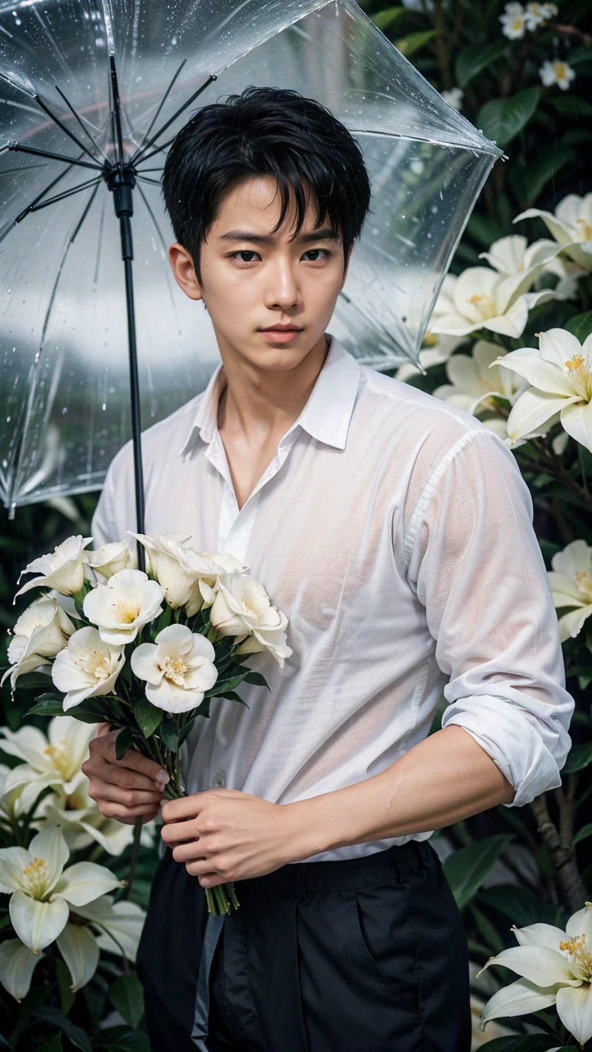 魅力的な画像にはハンサムな韓国人男性が写っている, 32歳、 彼は大雨の中、クチナシの花が咲いている斜面に傘をさして立っている., 遠くを見つめる、細部への注意, この写実的な肖像画はナショナルジオグラフィックのスタイルを体現している., 8K解像度で肌の質感のあらゆるニュアンスを捉えます. 彼の特徴は純粋な明瞭さで際立っている, 深く落ち込んだ目から彫りの深い顎のラインまで, この画像を真の傑作にする. 人生, 最高品質, 8KウルトラHD+, leica digital SlR camera、キム・ミョンス、l