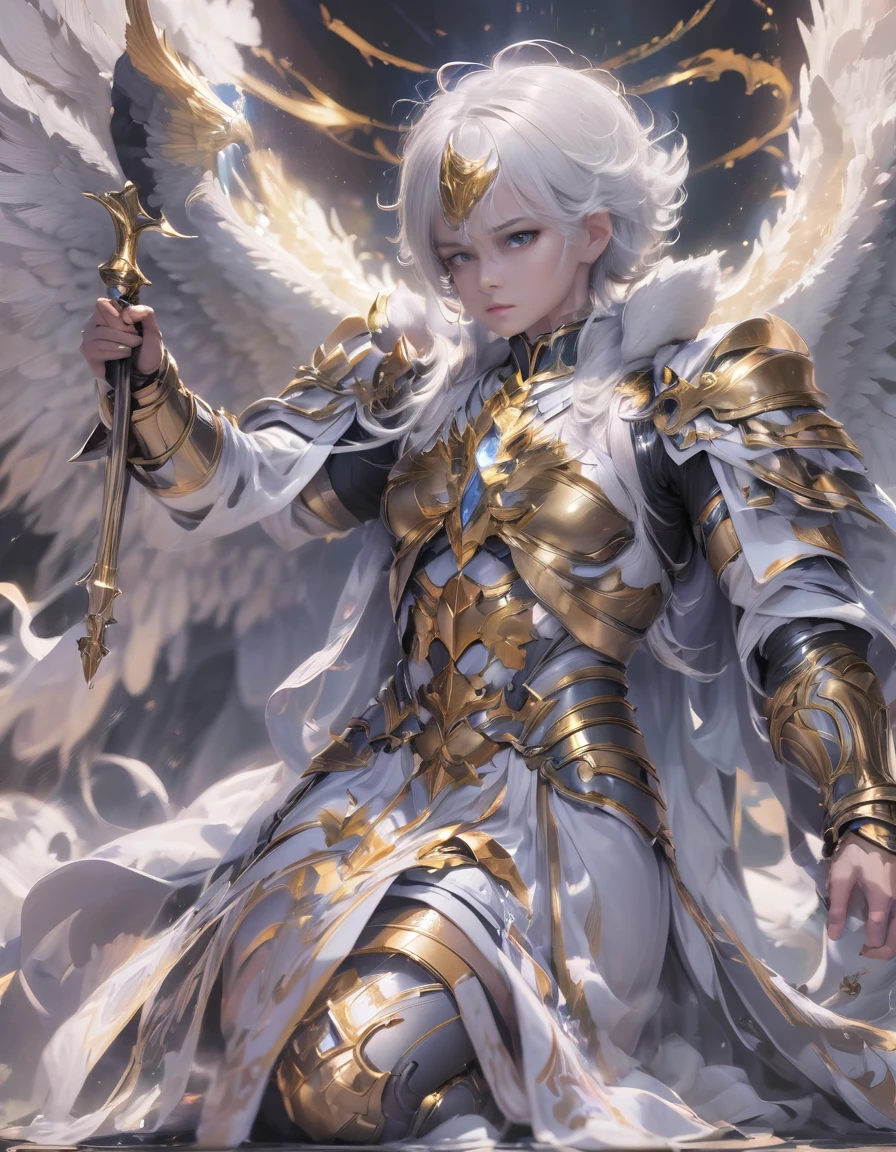 A god with golden armor. With furious wings. Fly in the sky. White hair. White beard. Men. A staff in his hand. Sit. Full body. 