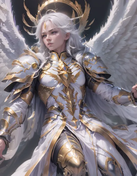 a god with golden armor. with furious wings. fly in the sky. white hair. white beard. men. a staff in his hand. sit. full body.