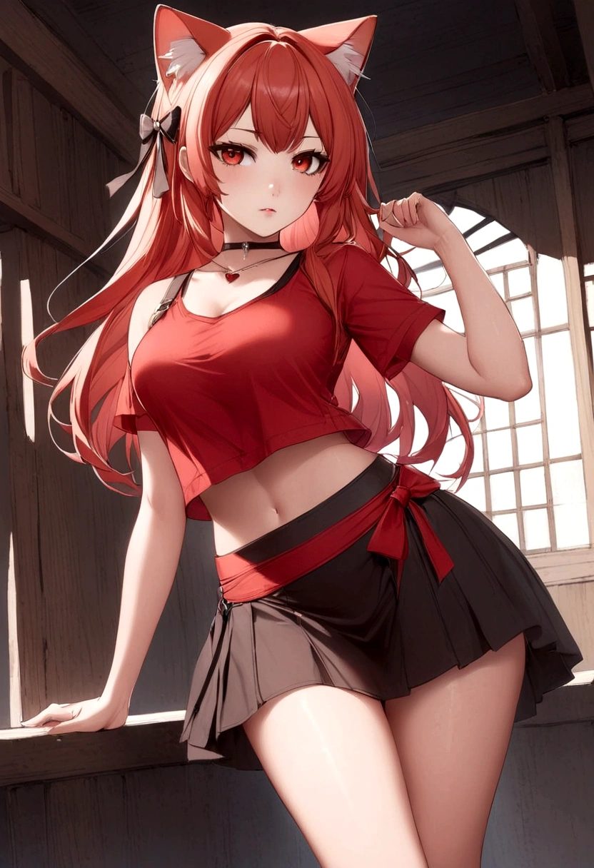 a girl with a red skirt and a black skirt that is under the red shirt . red stockings . red zip up hoodie, black shirt underneath with short sleeves and ,red hair, long hair and a flower with a ribbon on the bottom on the side on the hair and red eyes has a black Choker , and a small heart red necklace , has a ribbon bow waistband , full body
