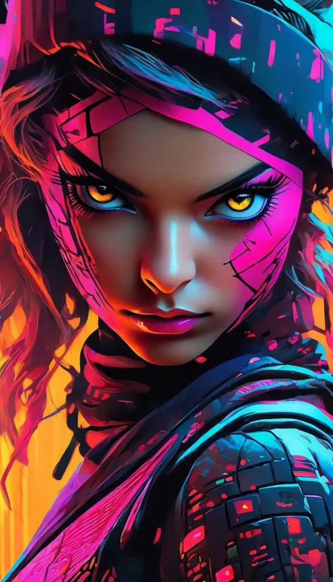 plano general, cuerpo entero, A female ninja with cybernetic clothing, digital illustration, highly detailed, poster, 1girl, bea...