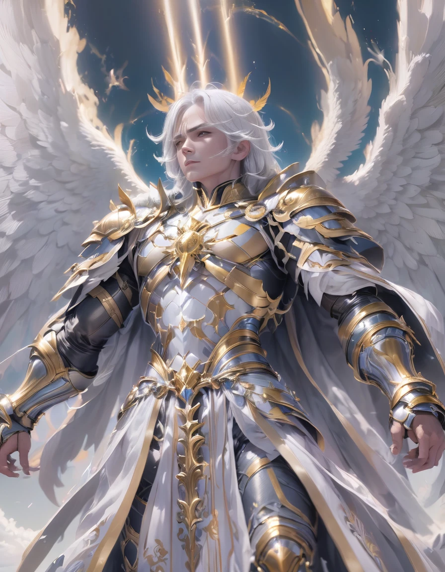 A god with golden armor. With furious wings. Fly in the sky. White hair. White beard. Men. A staff in his hand. Sit on altar. Full body. Man. 