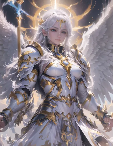 a god with golden armor. with furious wings. fly in the sky. white hair. white beard. men. a staff in his hand. sit on altar. fu...