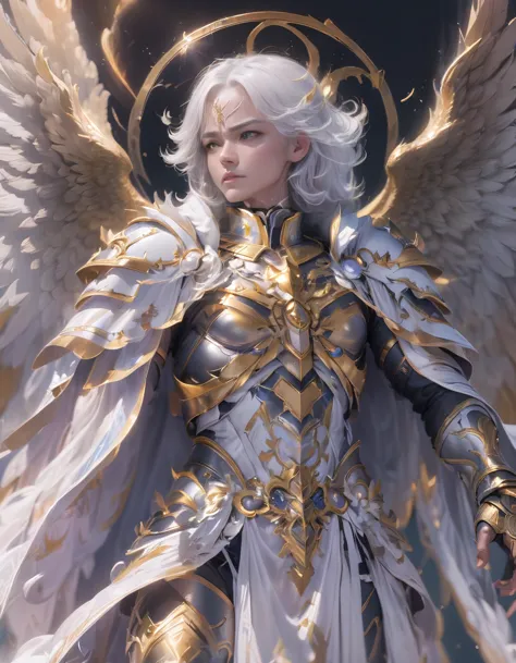 a god with golden armor. with furious wings. fly in the sky. white hair. white beard. men. a staff in his hand. sit on altar. fu...