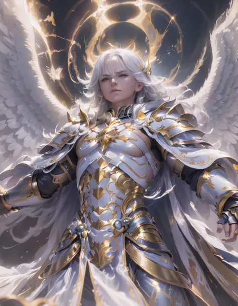 a god with golden armor. with furious wings. fly in the sky. white hair. white beard. men. a staff in his hand. sit on altar. fu...