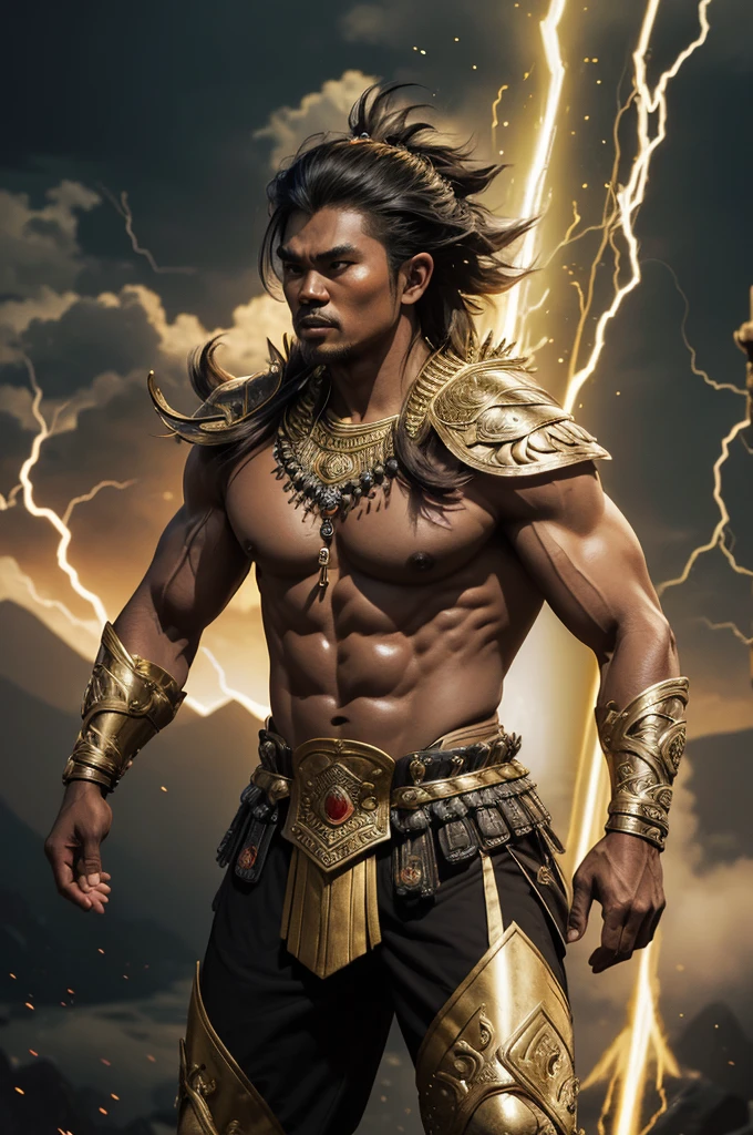 ((beste Qualität)), ((Meisterwerk)), (ausführlich), create very ausführlich images of A powerful warrior in Javanese mythology, verbunden mit Donner und Blitz, und berühmt für seine Stärke und Tapferkeit. Er wird oft als wilder Krieger dargestellt, der Menschen vor Gefahren schützt, und seine Geschichten sind voller epischer Schlachten und Heldentaten.