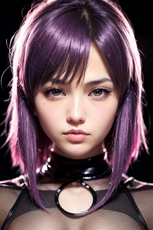 RAW Photos, ((((Extreme beauty portrait))), Suko Kusanagi, Purple Hair, Red eyes,Wearing a transparent black bodysuit，Beautiful woman in anime style,